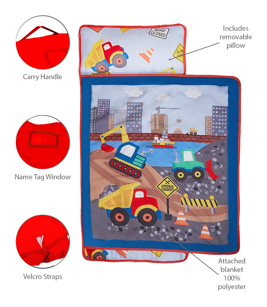 Everyday Kids Toddler Nap Mat with Removable Pillow - Under Construction