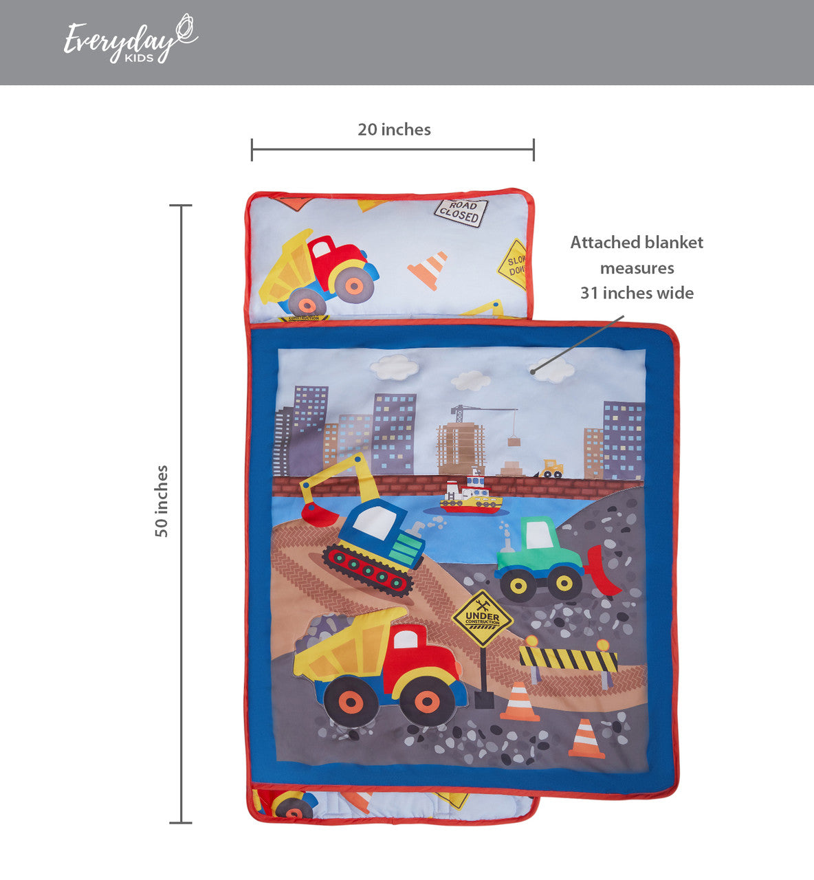 Everyday Kids Toddler Nap Mat with Removable Pillow - Under Construction