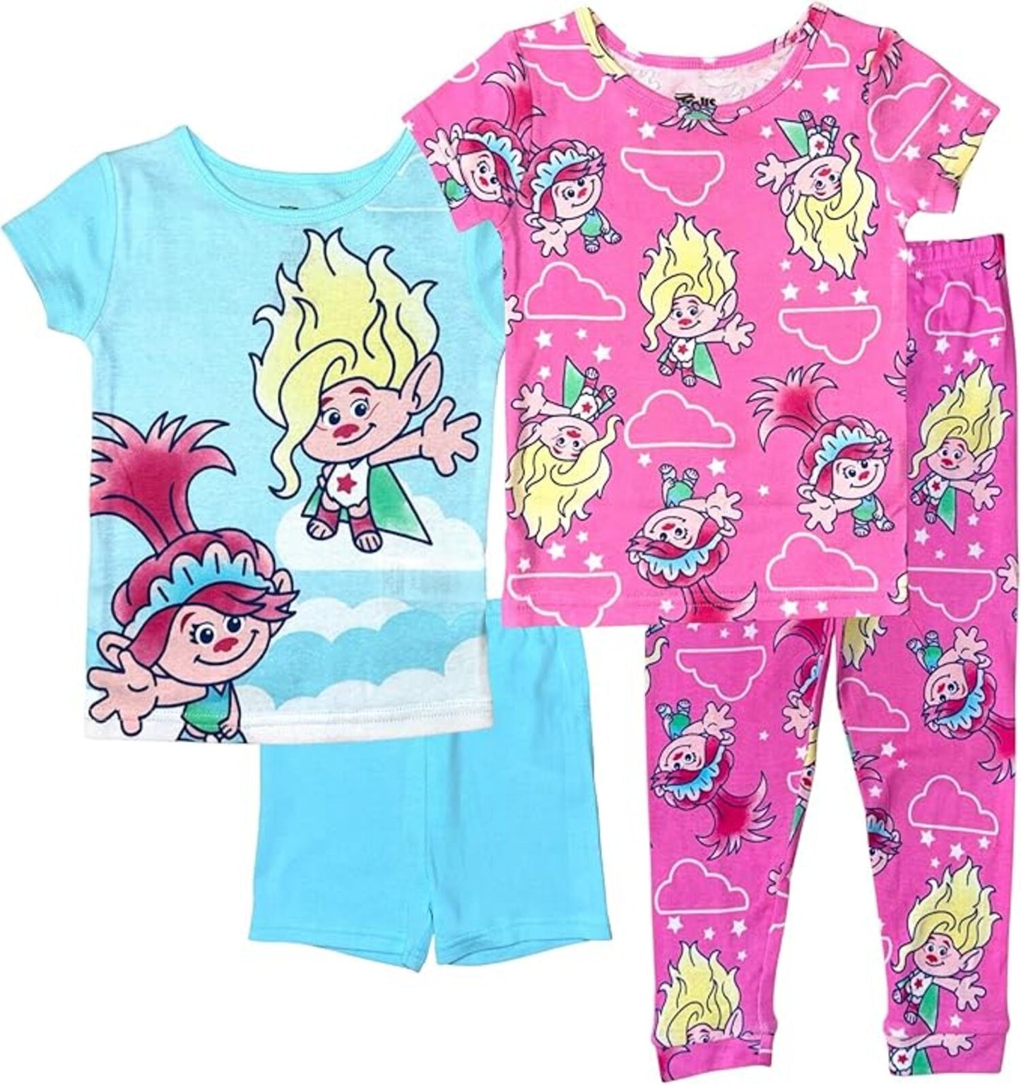 DreamWorks Trolls Girls 4-Piece Cotton Pajama Set, Poppy and Viva Graphic Tees with Matching Pants and Shorts, Pink/Blue