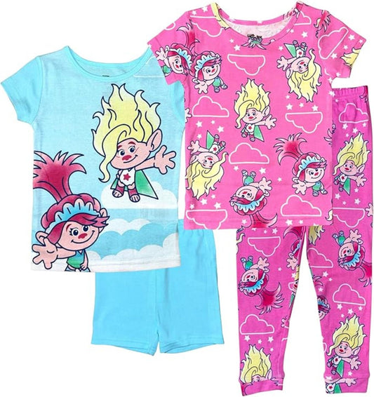 DreamWorks Trolls Girls 4-Piece Cotton Pajama Set, Poppy and Viva Graphic Tees with Matching Pants and Shorts, Pink/Blue