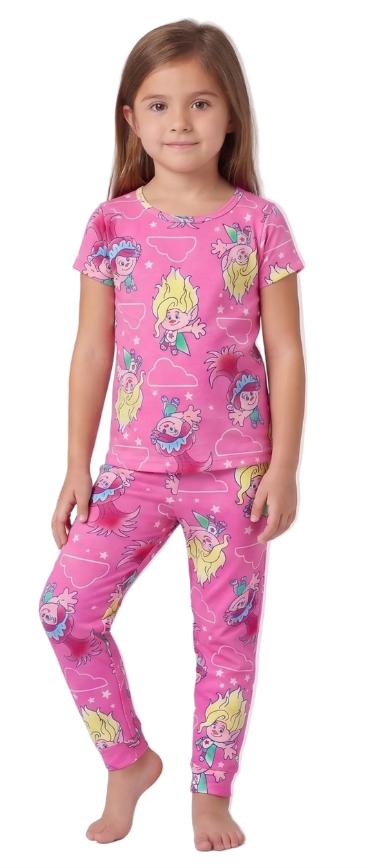 DreamWorks Trolls Girls 4-Piece Cotton Pajama Set, Poppy and Viva Graphic Tees with Matching Pants and Shorts, Pink/Blue
