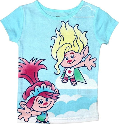 DreamWorks Trolls Girls 4-Piece Cotton Pajama Set, Poppy and Viva Graphic Tees with Matching Pants and Shorts, Pink/Blue