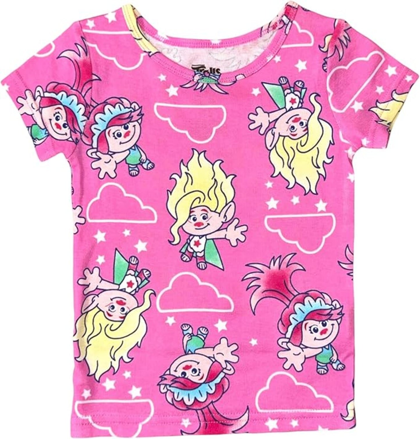 DreamWorks Trolls Girls 4-Piece Cotton Pajama Set, Poppy and Viva Graphic Tees with Matching Pants and Shorts, Pink/Blue