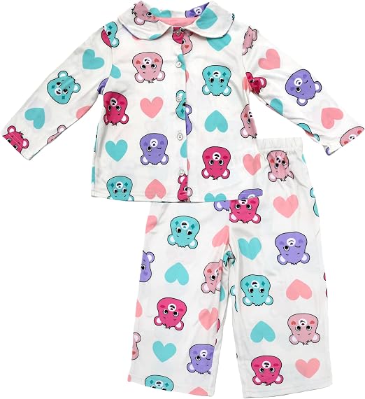 Care Bears Girls' Long Sleeve Button-Down Top and Long Pants Two-Piece Pajama Set