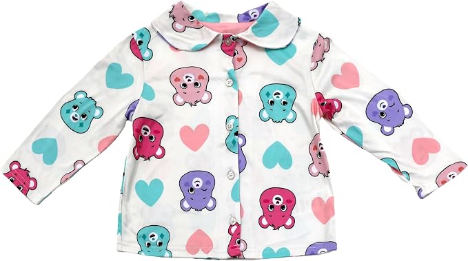 Care Bears Girls' Long Sleeve Button-Down Top and Long Pants Two-Piece Pajama Set