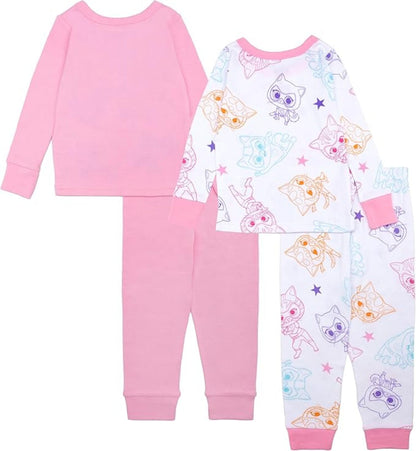 SuperKitties Girls 4-Piece Cotton Pajama Set, Ginny Buddy Bitsy and Sparks Graphic Tees and Matching Pants, Pink/White