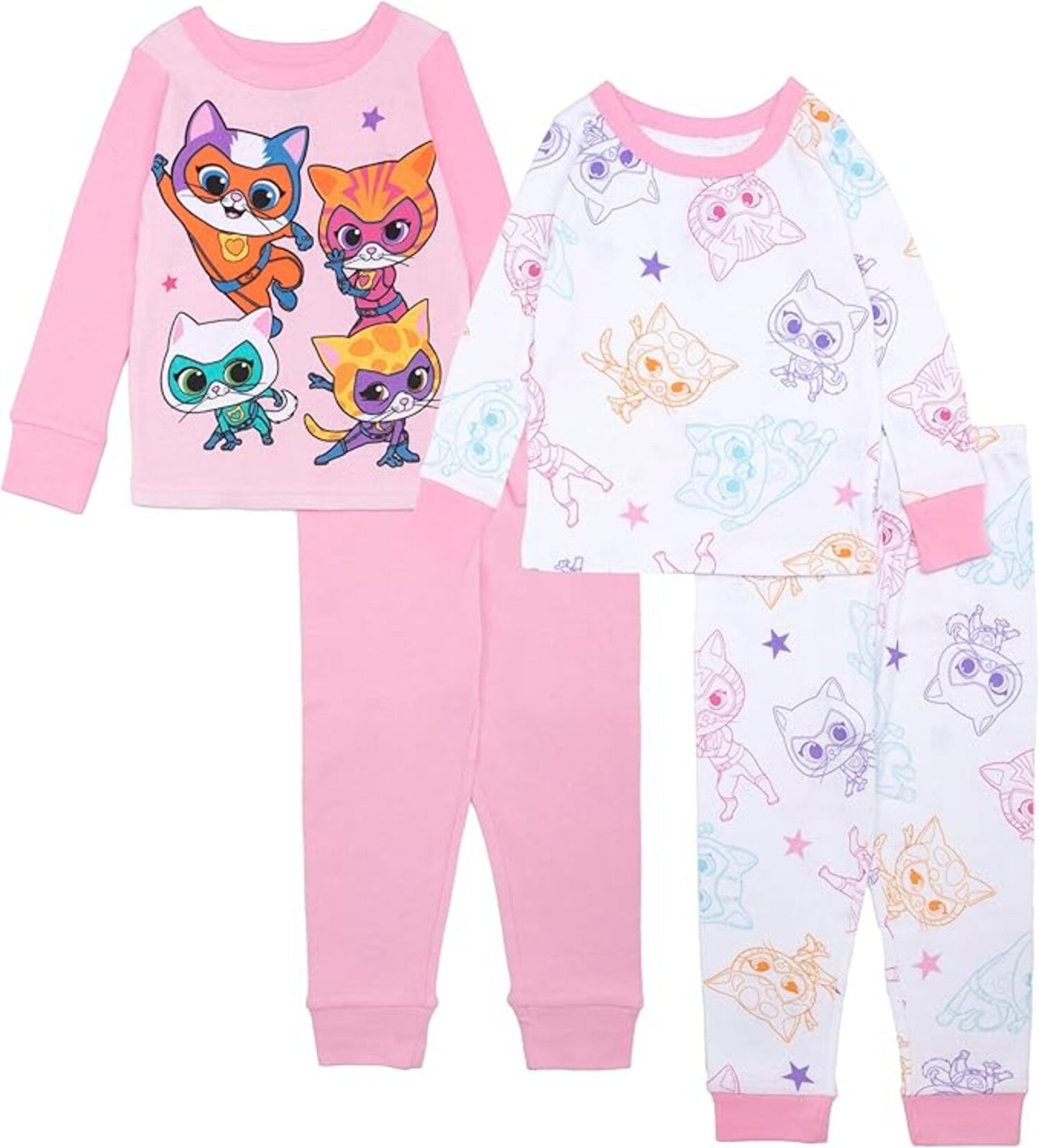 SuperKitties Girls 4-Piece Cotton Pajama Set, Ginny Buddy Bitsy and Sparks Graphic Tees and Matching Pants, Pink/White