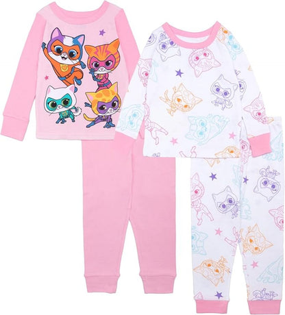 SuperKitties Girls 4-Piece Cotton Pajama Set, Ginny Buddy Bitsy and Sparks Graphic Tees and Matching Pants, Pink/White