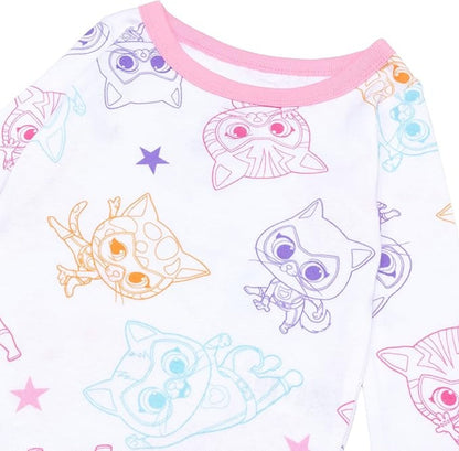 SuperKitties Girls 4-Piece Cotton Pajama Set, Ginny Buddy Bitsy and Sparks Graphic Tees and Matching Pants, Pink/White