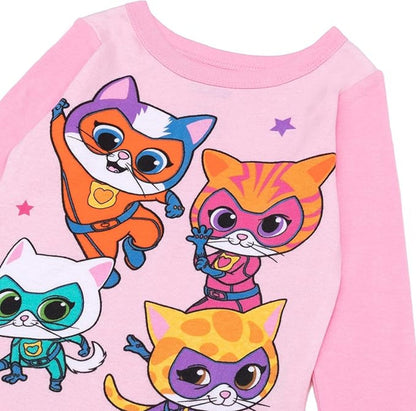 SuperKitties Girls 4-Piece Cotton Pajama Set, Ginny Buddy Bitsy and Sparks Graphic Tees and Matching Pants, Pink/White