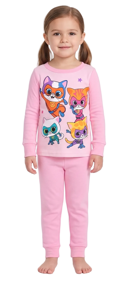 SuperKitties Girls 4-Piece Cotton Pajama Set, Ginny Buddy Bitsy and Sparks Graphic Tees and Matching Pants, Pink/White