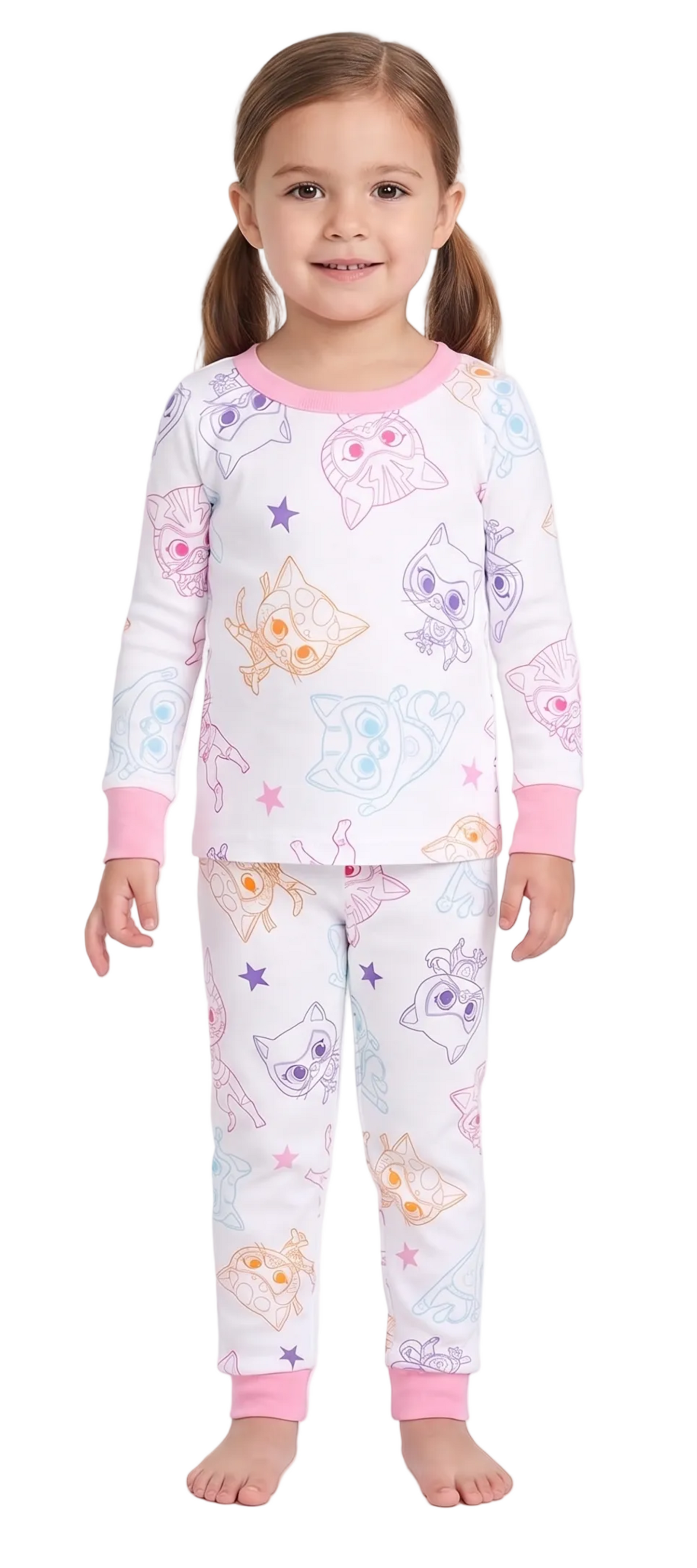 SuperKitties Girls 4-Piece Cotton Pajama Set, Ginny Buddy Bitsy and Sparks Graphic Tees and Matching Pants, Pink/White