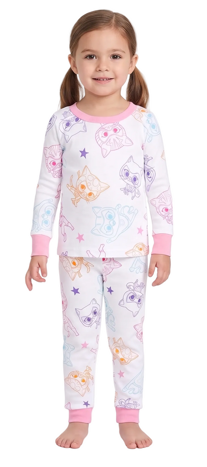 SuperKitties Girls 4-Piece Cotton Pajama Set, Ginny Buddy Bitsy and Sparks Graphic Tees and Matching Pants, Pink/White