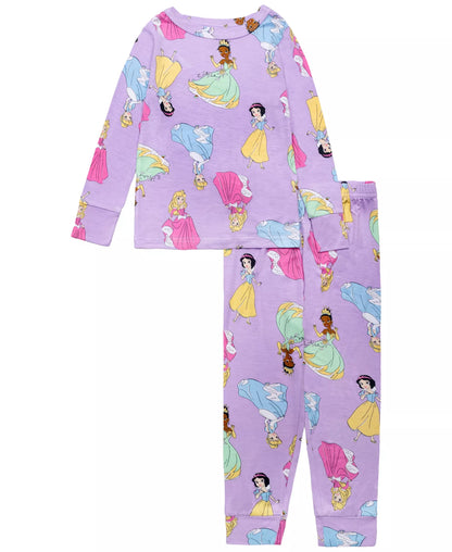 Disney Princess Girls 2-Piece Cotton Pajama Set, Long Sleeve Tiana Snow White Cinderella All-Over Print Top and Pants, Purple