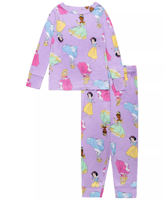 Disney Princess Girls 2-Piece Cotton Pajama Set, Long Sleeve Tiana Snow White Cinderella All-Over Print Top and Pants, Purple