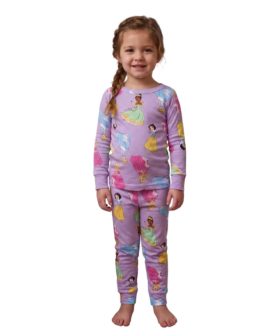 Disney Princess Girls 2-Piece Cotton Pajama Set, Long Sleeve Tiana Snow White Cinderella All-Over Print Top and Pants, Purple