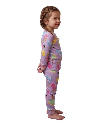 Disney Princess Girls 2-Piece Cotton Pajama Set, Long Sleeve Tiana Snow White Cinderella All-Over Print Top and Pants, Purple