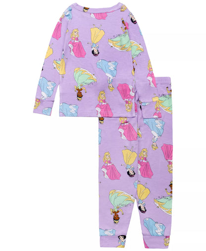 Disney Princess Girls 2-Piece Cotton Pajama Set, Long Sleeve Tiana Snow White Cinderella All-Over Print Top and Pants, Purple