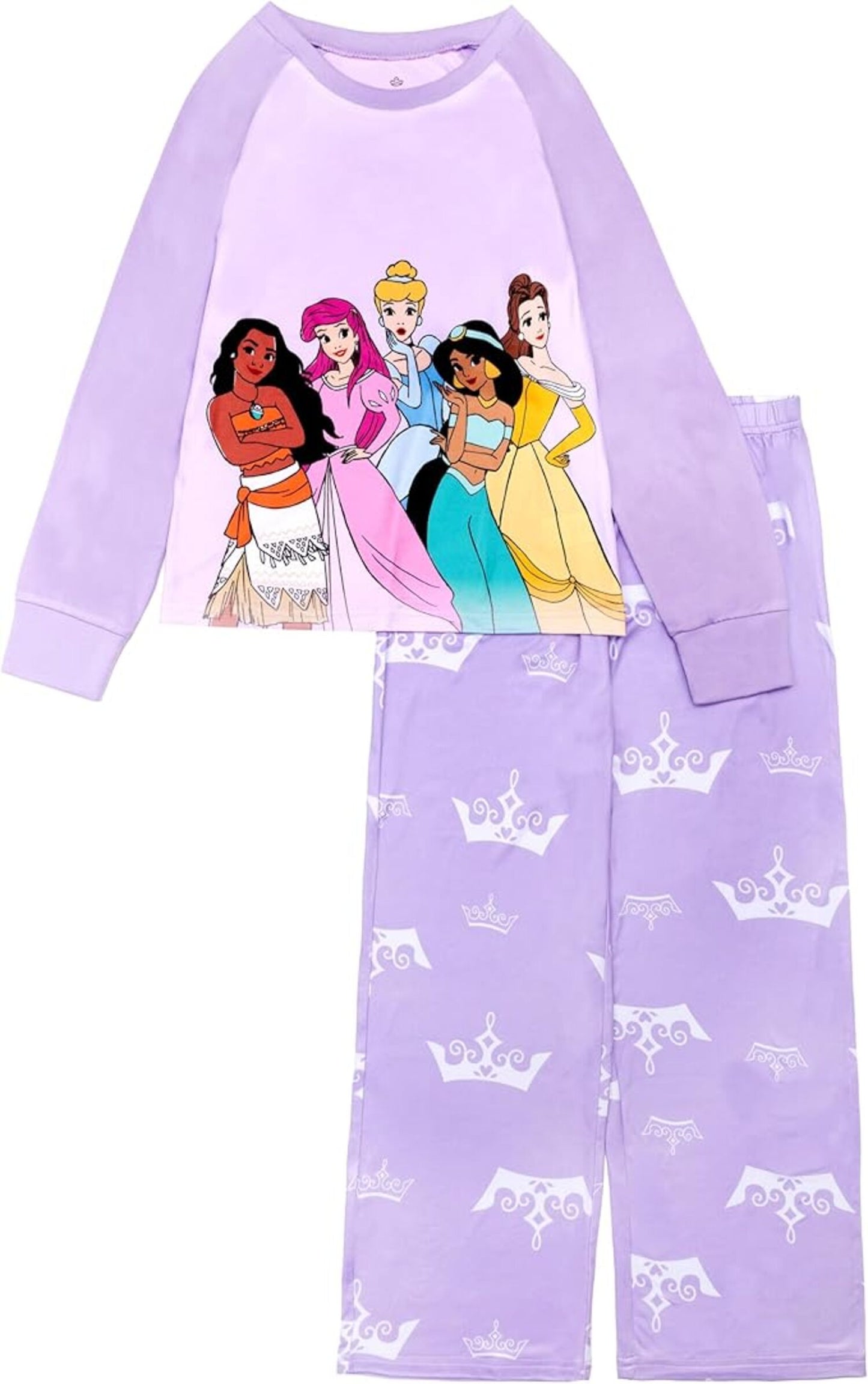 Disney Princess Girls 2-Piece Pajama Set, Long Sleeve Raglan Top with Moana Ariel Cinderella Jasmine and Belle, Purple