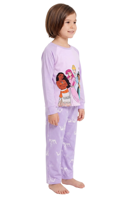 Disney Princess Girls 2-Piece Pajama Set, Long Sleeve Raglan Top with Moana Ariel Cinderella Jasmine and Belle, Purple