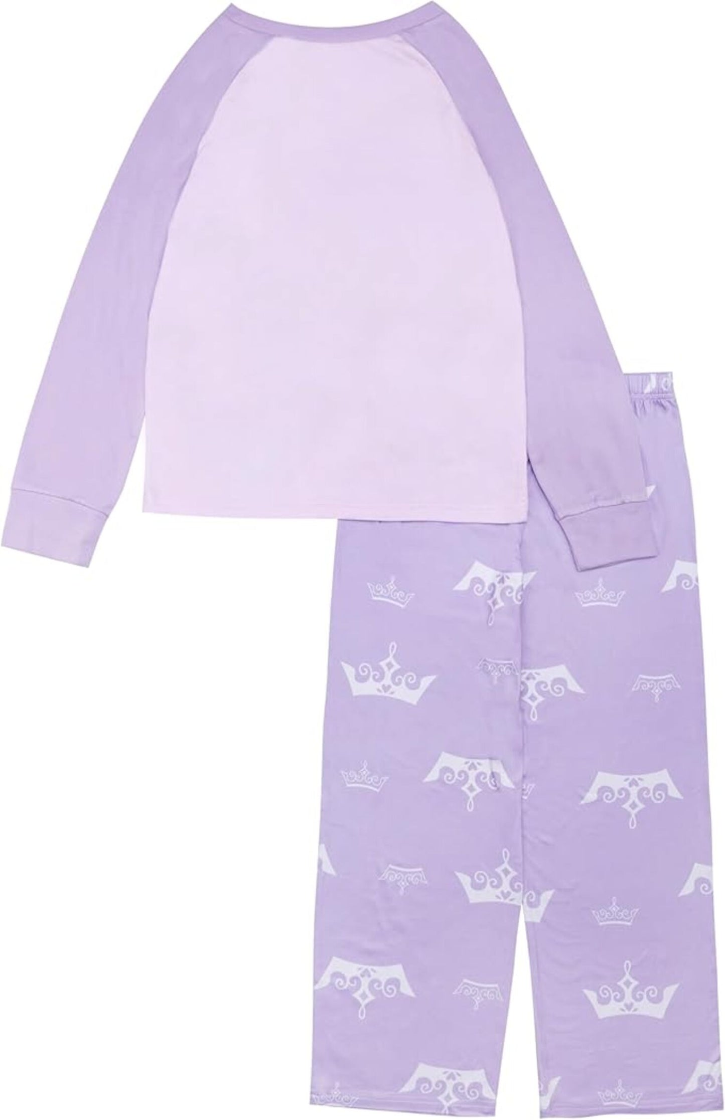 Disney Princess Girls 2-Piece Pajama Set, Long Sleeve Raglan Top with Moana Ariel Cinderella Jasmine and Belle, Purple