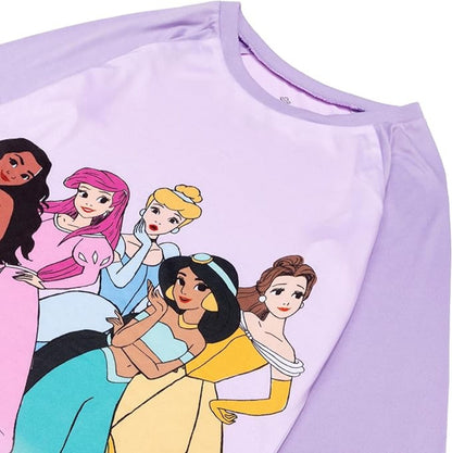 Disney Princess Girls 2-Piece Pajama Set, Long Sleeve Raglan Top with Moana Ariel Cinderella Jasmine and Belle, Purple