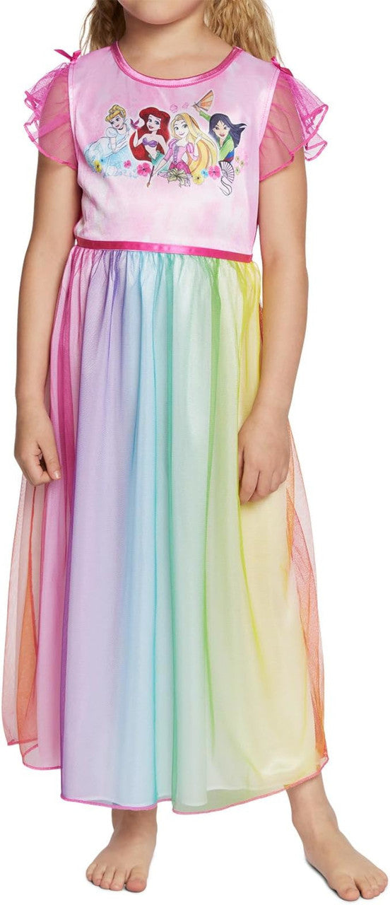 Disney Princess Girls Rainbow Nightgown Sleepwear with Tulle Overlay