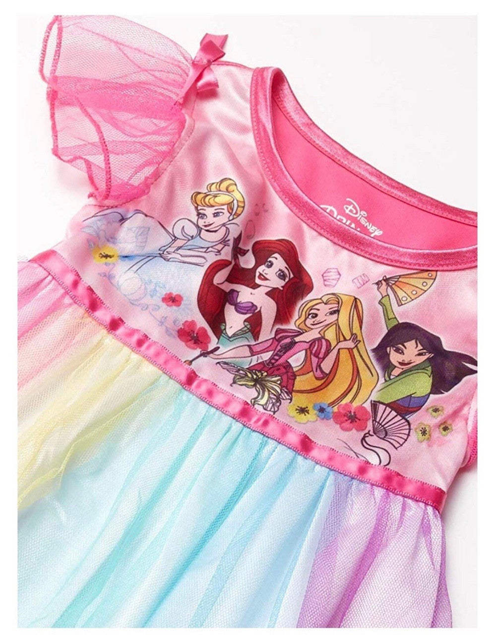 Disney Princess Girls Rainbow Nightgown Sleepwear with Tulle Overlay