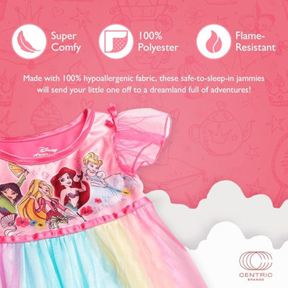 Disney Princess Girls Rainbow Nightgown Sleepwear with Tulle Overlay