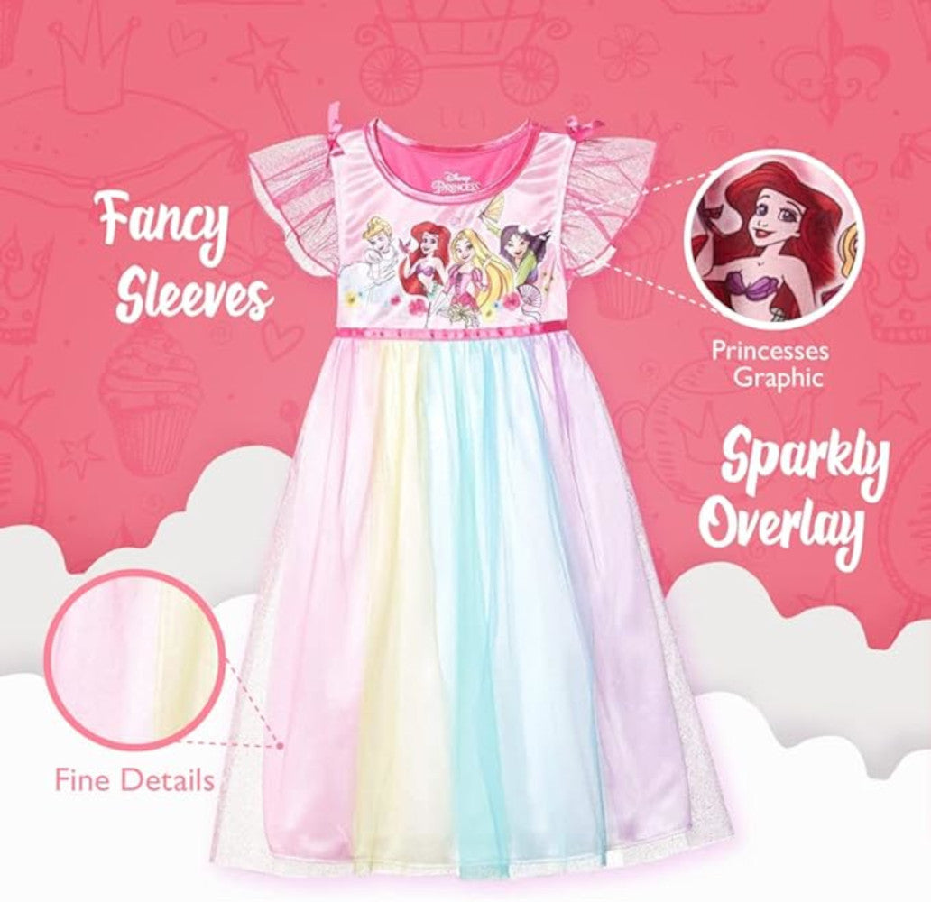 Disney Princess Girls Rainbow Nightgown Sleepwear with Tulle Overlay