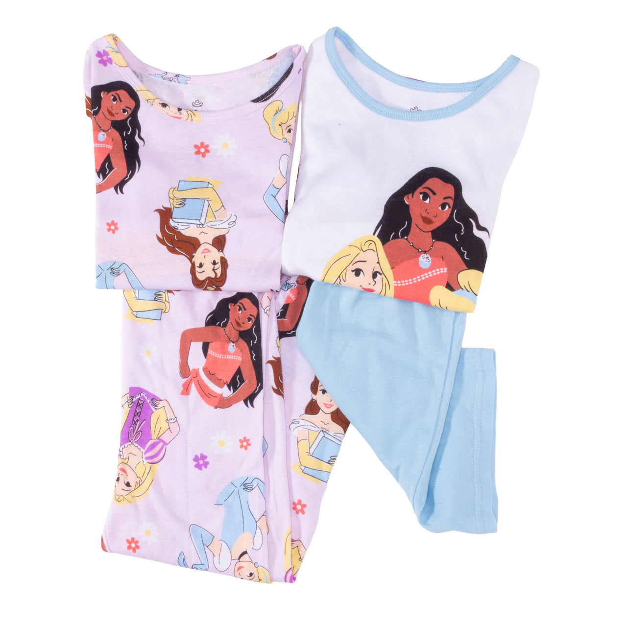 Girls’ Princess 4pc Pajama Set – Moana, Cinderella, Rapunzel & Belle – 2 Tops, Shorts & Pants