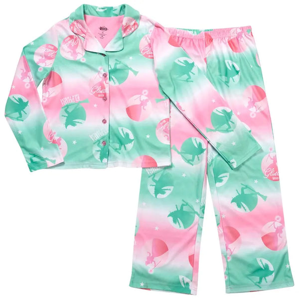 Wicked Girls' Ombre Glinda and Elphaba Fleece Long Sleeve Button-Down Top and Long Pants Two-Piece Pajama Set