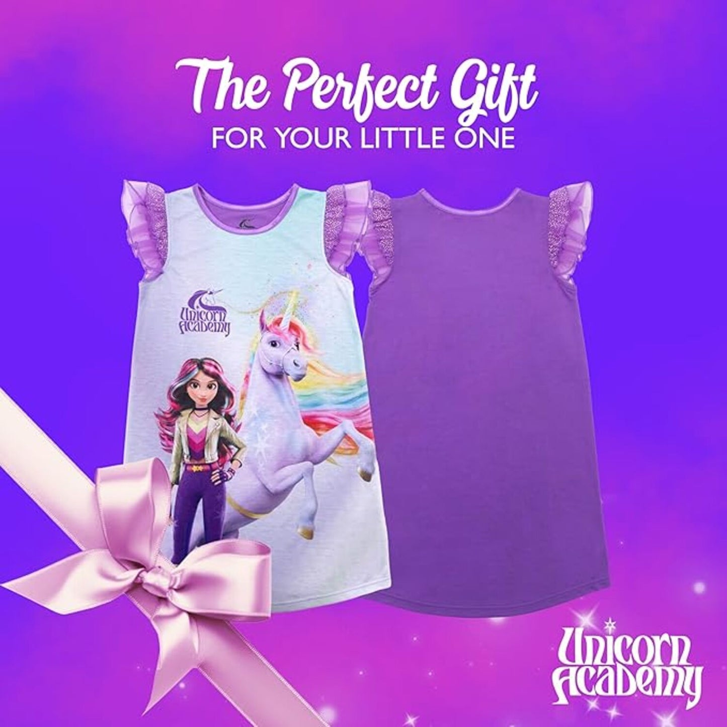 Unicorn Academy Girls Nightgown, Sofia and Wildstar Graphic Sleep Dress with Ruffle Flutter Sleeves, Purple and Lavender