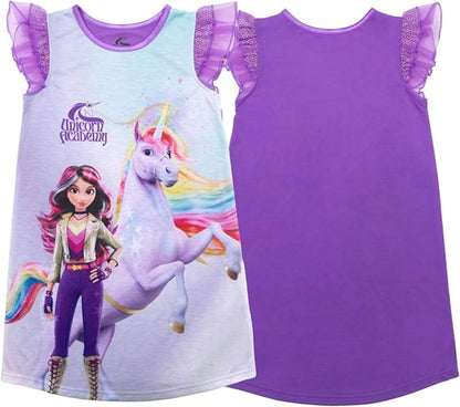 Unicorn Academy Girls Nightgown, Sofia and Wildstar Graphic Sleep Dress with Ruffle Flutter Sleeves, Purple and Lavender