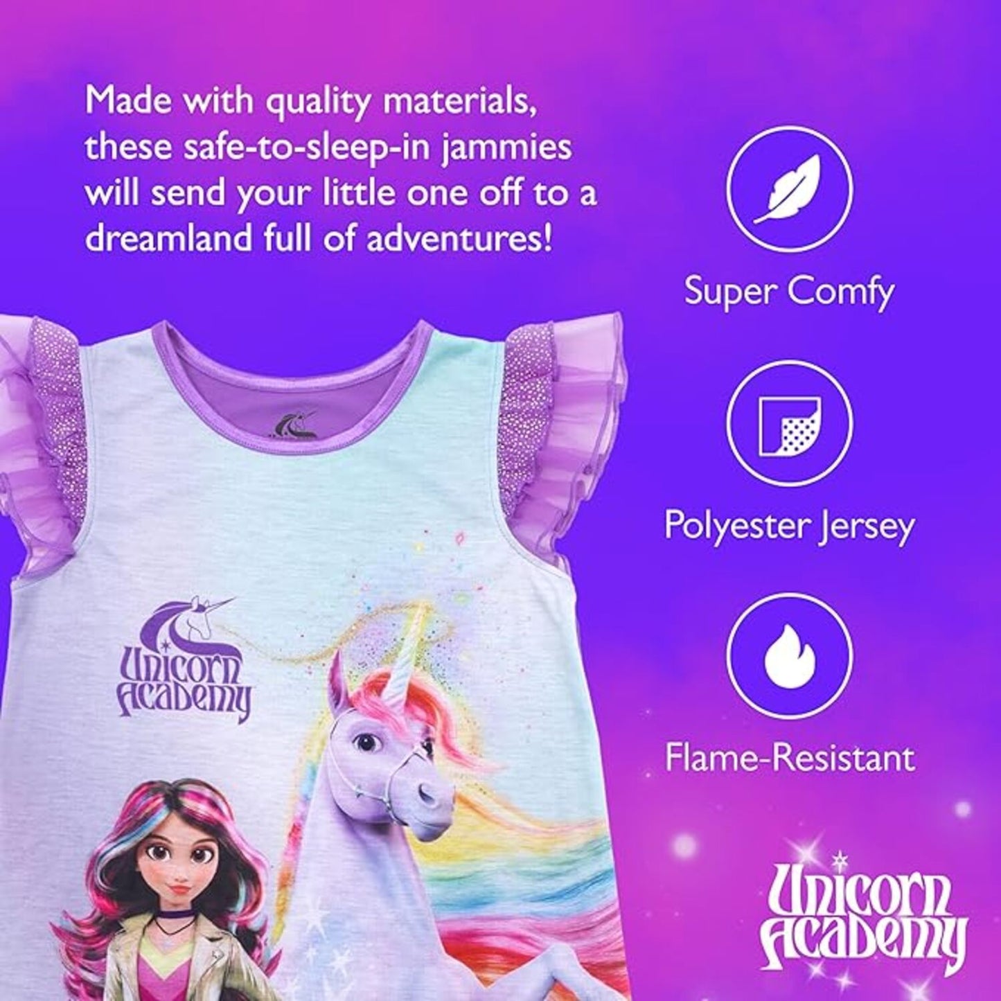 Unicorn Academy Girls Nightgown, Sofia and Wildstar Graphic Sleep Dress with Ruffle Flutter Sleeves, Purple and Lavender