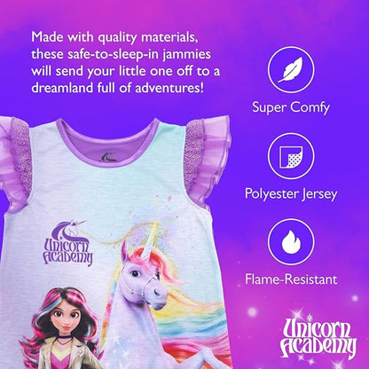 Unicorn Academy Girls Nightgown, Sofia and Wildstar Graphic Sleep Dress with Ruffle Flutter Sleeves, Purple and Lavender