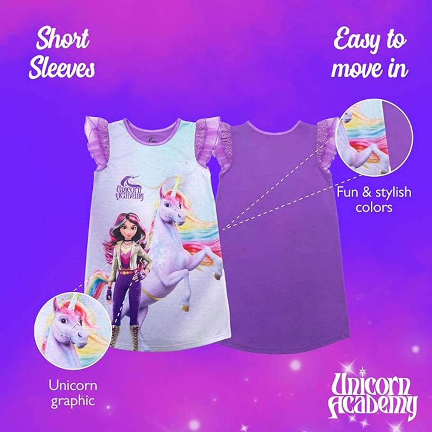 Unicorn Academy Girls Nightgown, Sofia and Wildstar Graphic Sleep Dress with Ruffle Flutter Sleeves, Purple and Lavender