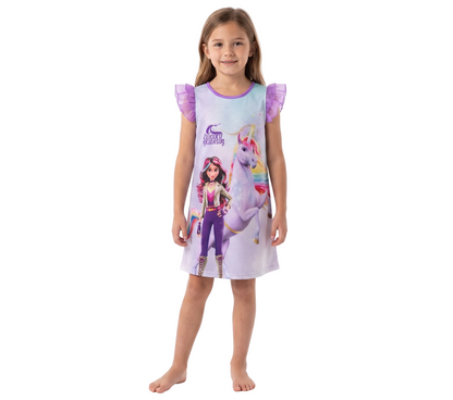 Unicorn Academy Girls Nightgown, Sofia and Wildstar Graphic Sleep Dress with Ruffle Flutter Sleeves, Purple and Lavender