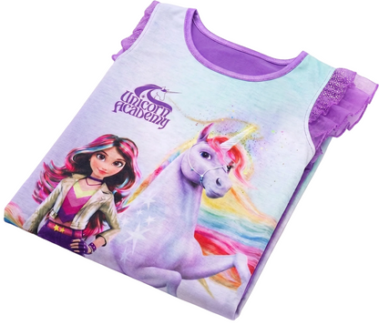 Unicorn Academy Girls Nightgown, Sofia and Wildstar Graphic Sleep Dress with Ruffle Flutter Sleeves, Purple and Lavender