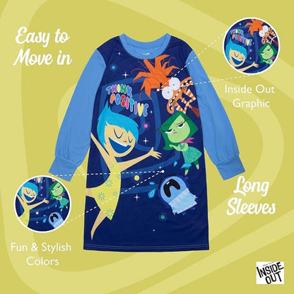Disney Pixar Inside Out 2 Girls Nightgown, Long Sleeve "Think Positive" Sleep Dress with Joy and Anxiety, Navy/Blue