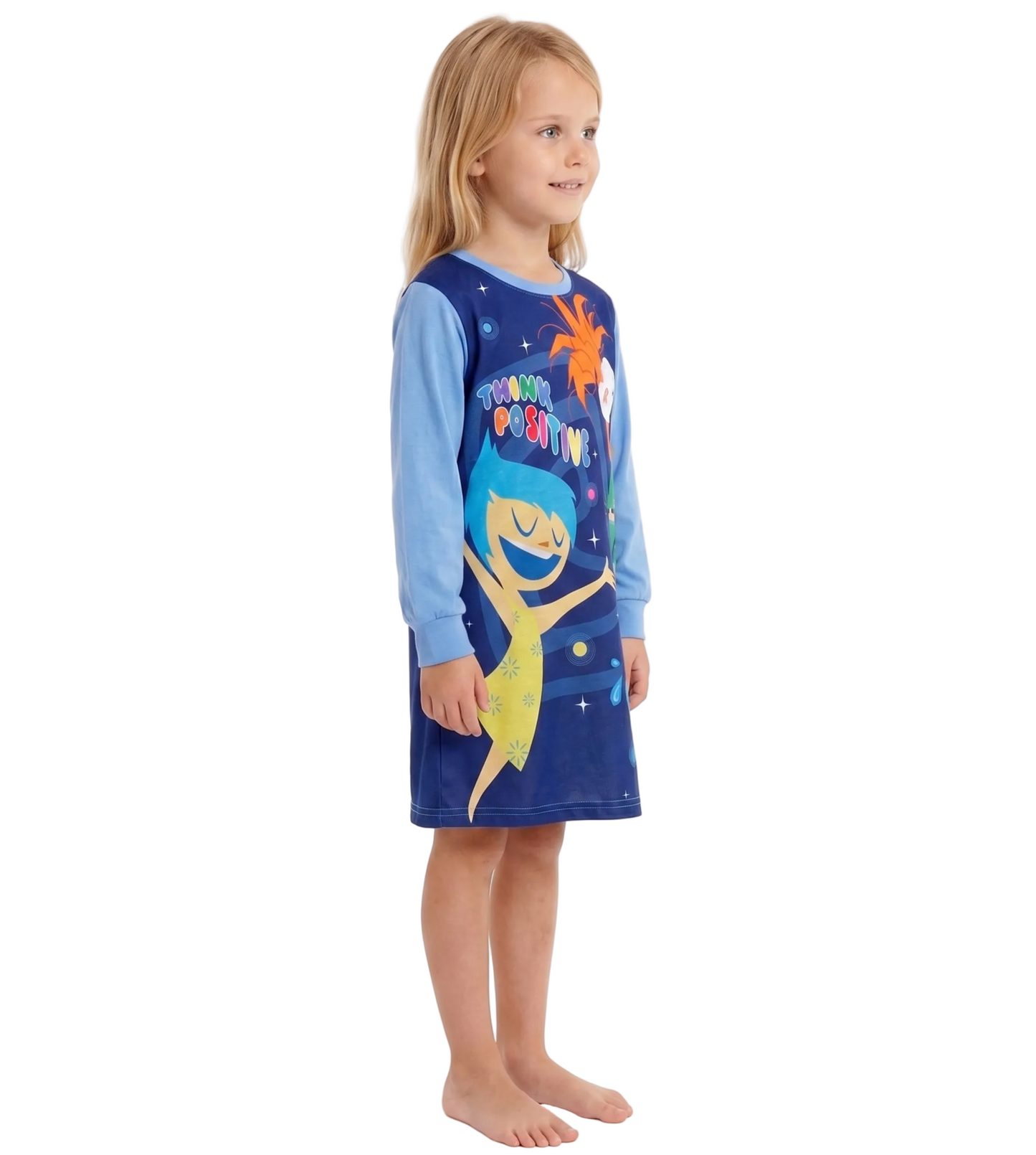 Disney Pixar Inside Out 2 Girls Nightgown, Long Sleeve "Think Positive" Sleep Dress with Joy and Anxiety, Navy/Blue