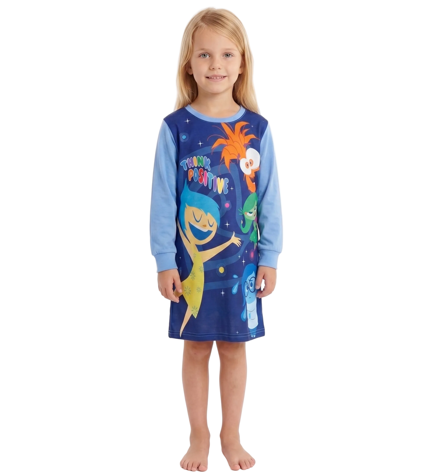 Disney Pixar Inside Out 2 Girls Nightgown, Long Sleeve "Think Positive" Sleep Dress with Joy and Anxiety, Navy/Blue