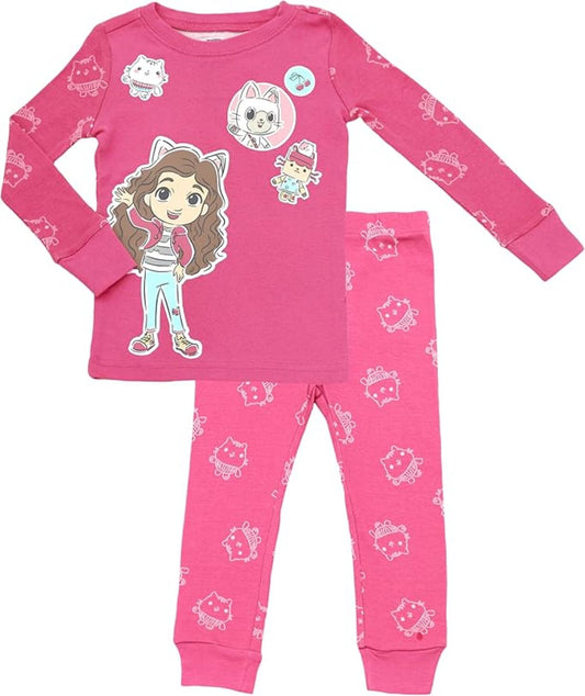Gabby's Dollhouse Girls 2-Piece Cotton Pajama Set, Long Sleeve Gabby Pandy Paws and Cakey Graphic Top and Pants, Pink