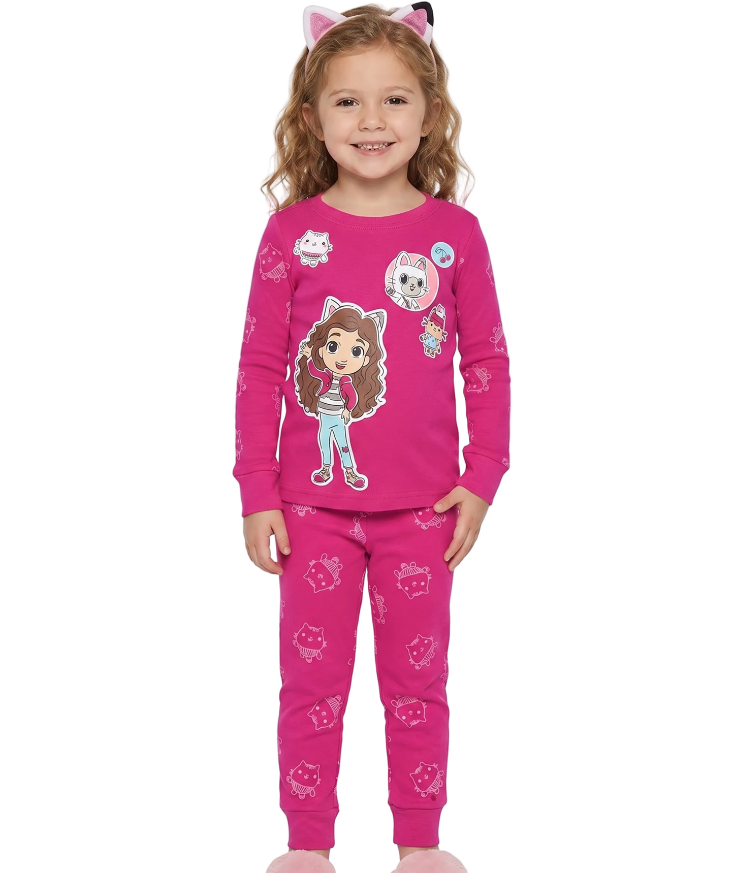 Gabby's Dollhouse Girls 2-Piece Cotton Pajama Set, Long Sleeve Gabby Pandy Paws and Cakey Graphic Top and Pants, Pink
