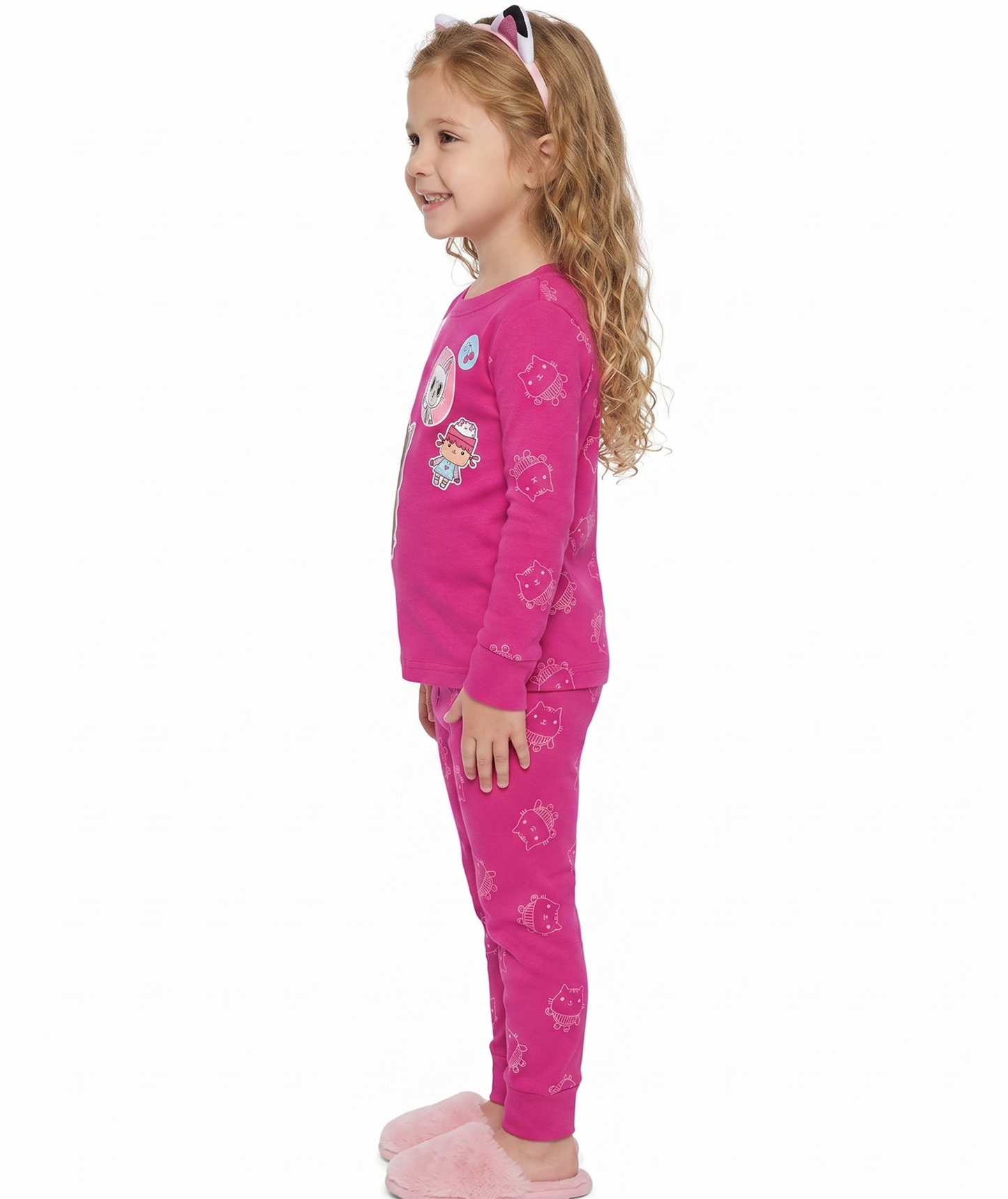 Gabby's Dollhouse Girls 2-Piece Cotton Pajama Set, Long Sleeve Gabby Pandy Paws and Cakey Graphic Top and Pants, Pink