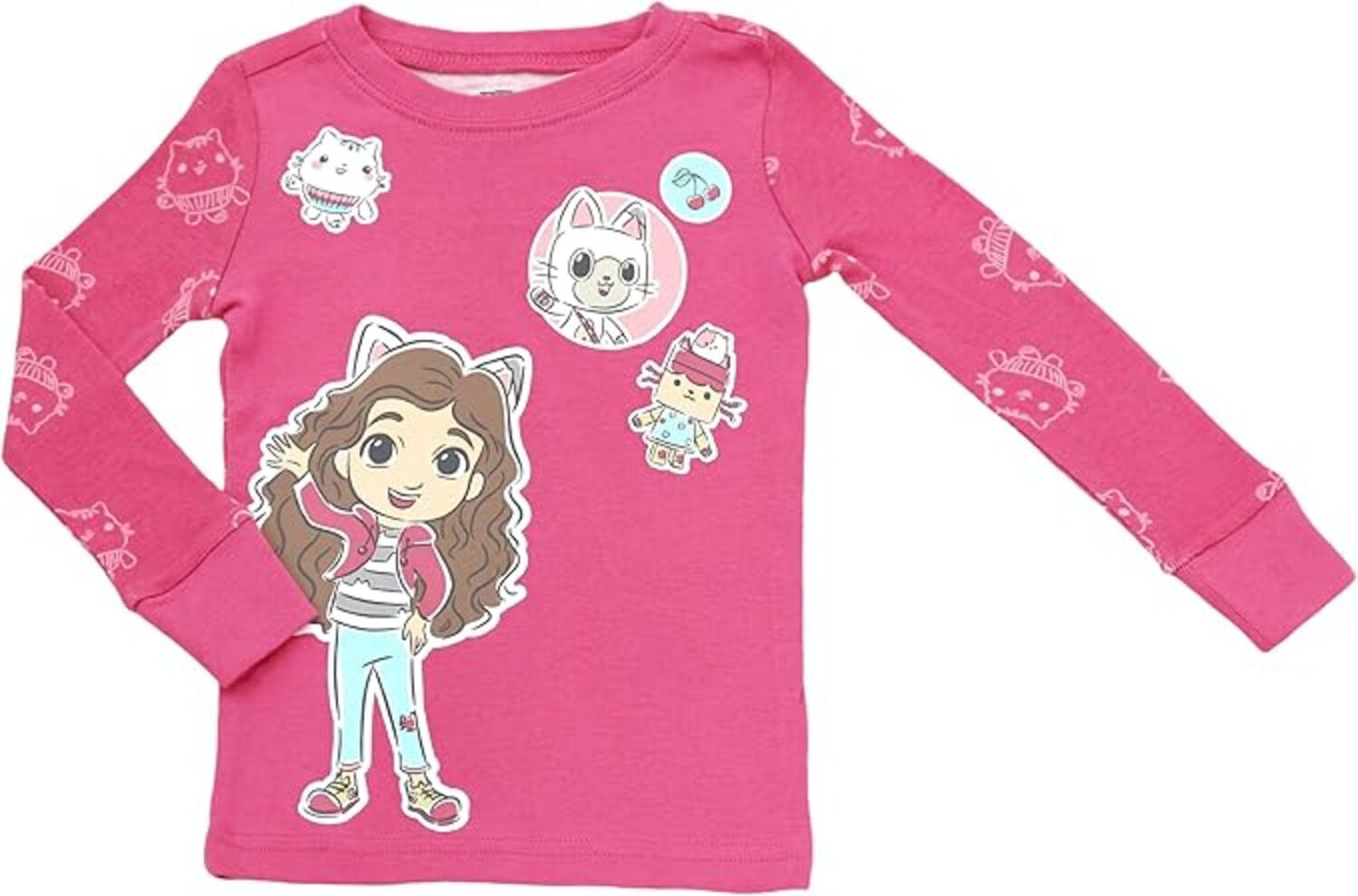 Gabby's Dollhouse Girls 2-Piece Cotton Pajama Set, Long Sleeve Gabby Pandy Paws and Cakey Graphic Top and Pants, Pink