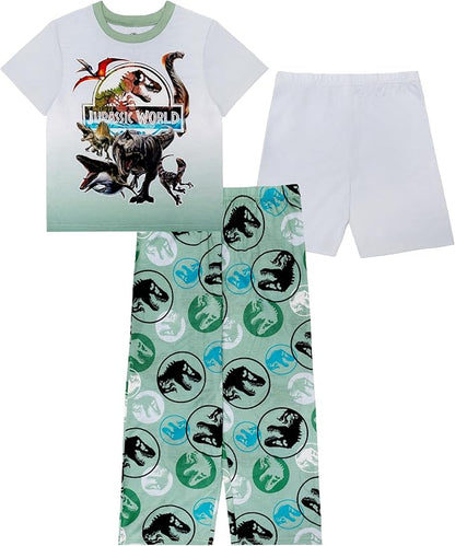 Jurassic World Boys 3-Piece Pajama Set, Short Sleeve T-Shirt, Shorts and Pants Sleepwear Pack, Green/White