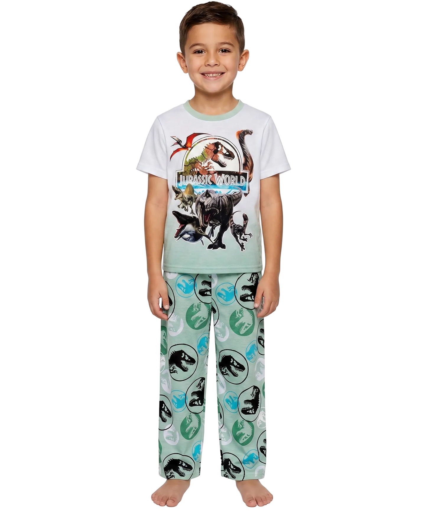 Jurassic World Boys 3-Piece Pajama Set, Short Sleeve T-Shirt, Shorts and Pants Sleepwear Pack, Green/White