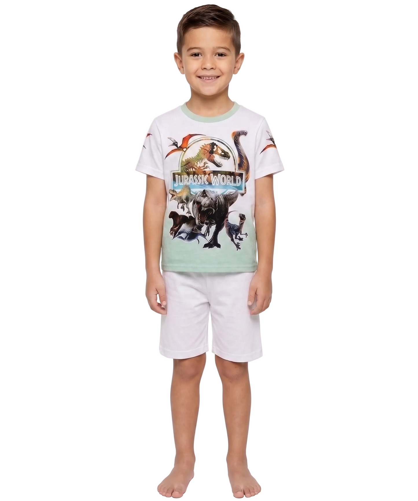 Jurassic World Boys 3-Piece Pajama Set, Short Sleeve T-Shirt, Shorts and Pants Sleepwear Pack, Green/White