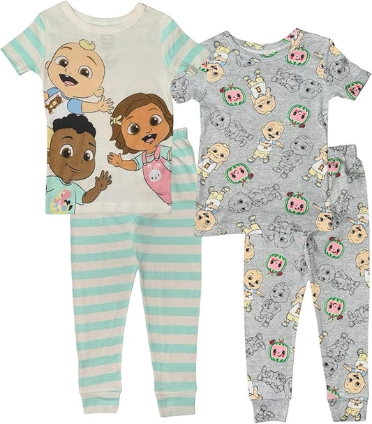 CoComelon Toddler Unisex 4-Piece Cotton Pajama Set, JJ and Friends Graphic Tees and Matching Pants, Snug Fit Sleepwear